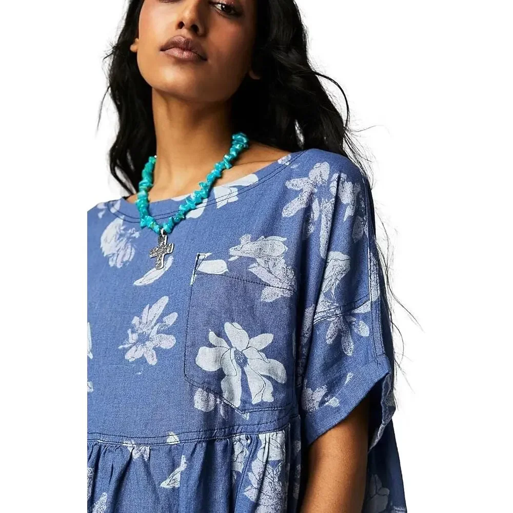 Free People Top Moon City Printed Tee Floral Boho Babydoll Linen Blue Size XS